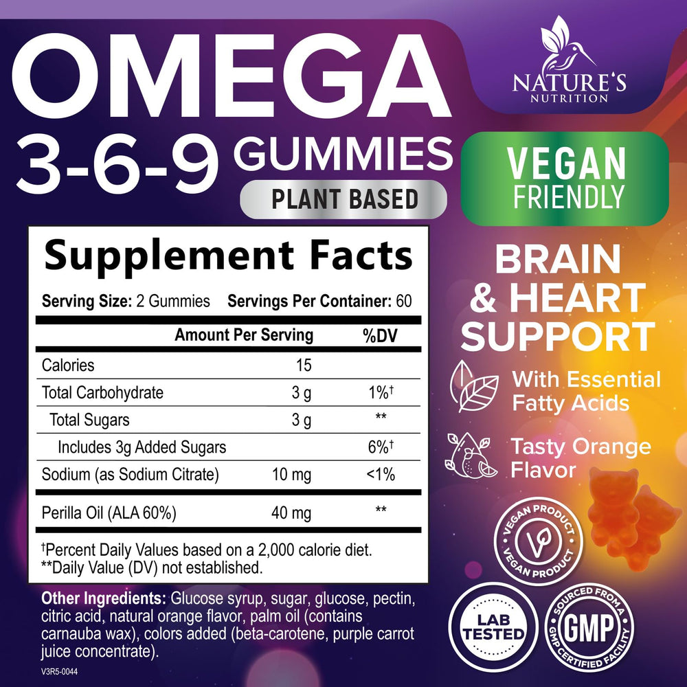 Nature's Nutrition vegan omega 3 6 9 gummies with perilla oil for plant-based nutrition.