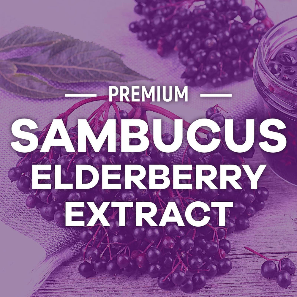 Packaging highlighting Vitamin C, D3, and zinc in the elderberry blend