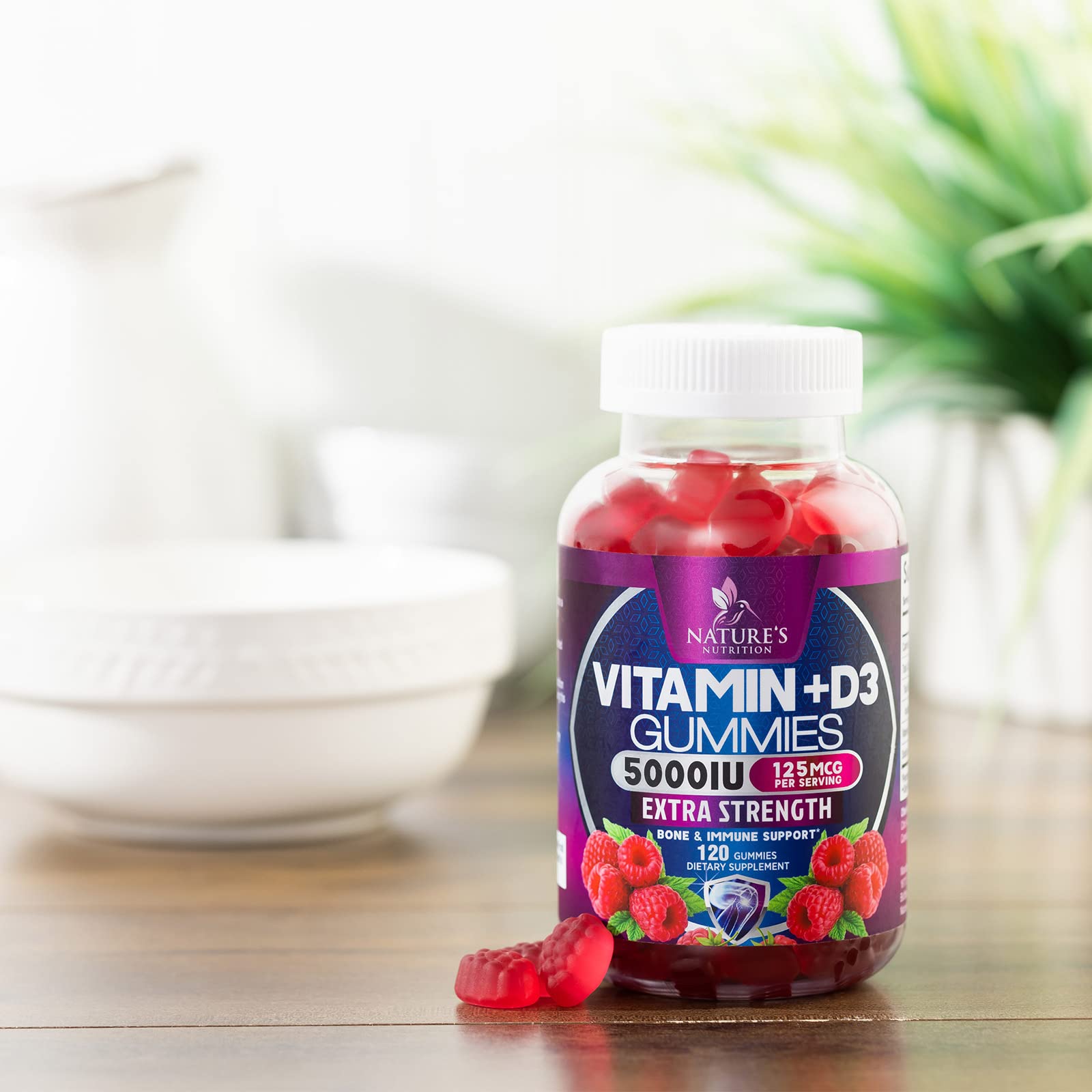 Nature's Nutrition Vitamin D3 gummy closeup shows 5000 IU per gummy dosage.