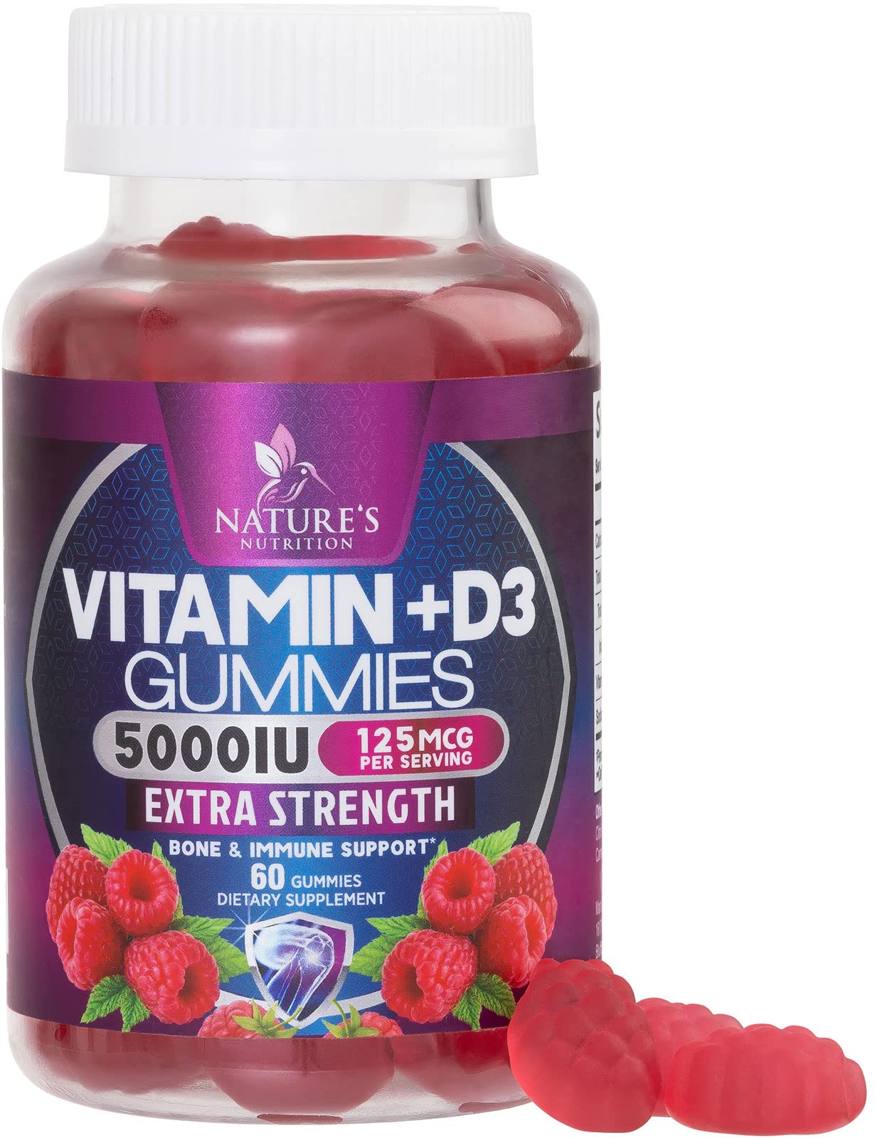 Nature's Nutrition Vitamin D3 gummy bottle shows 5000 IU for daily bone support.