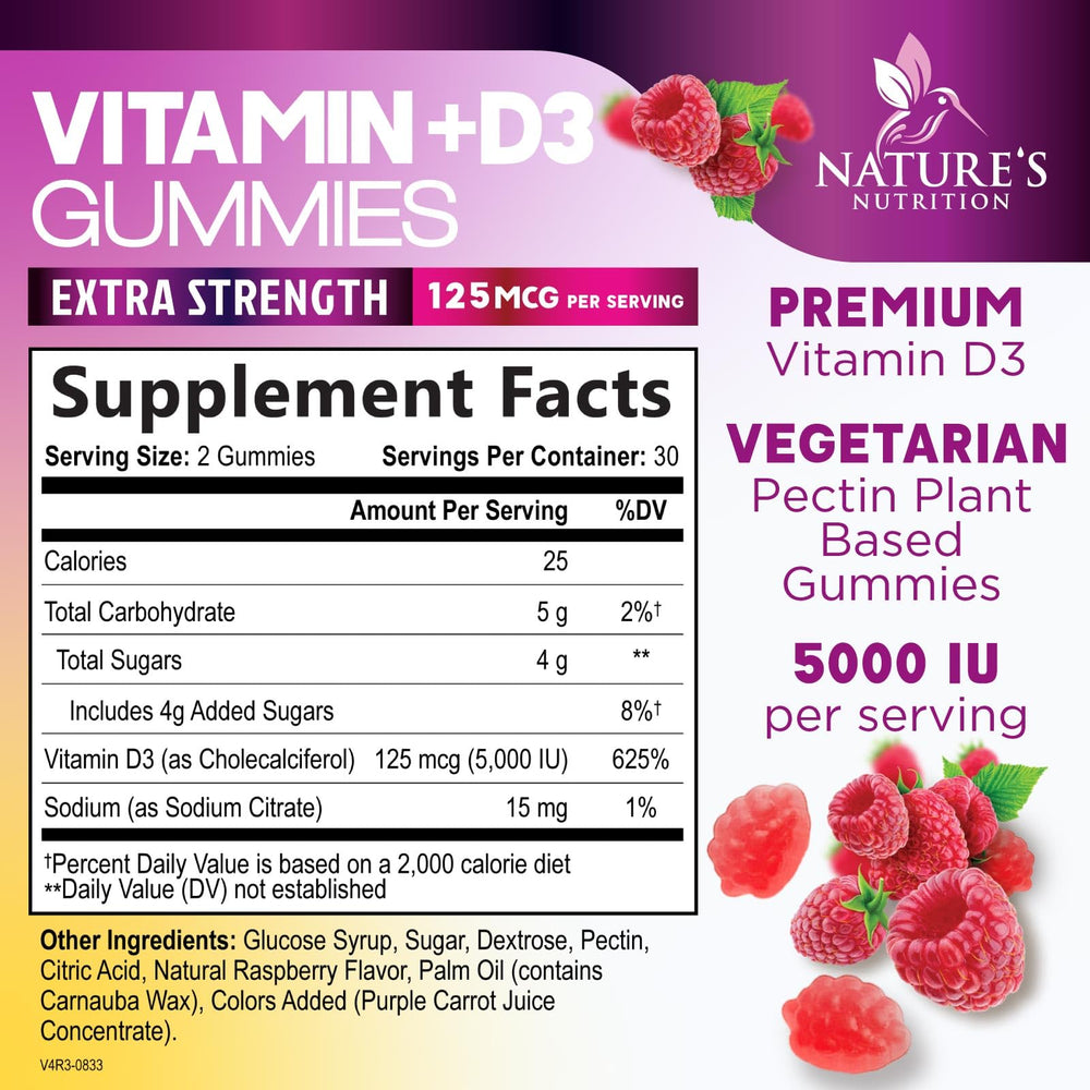 Nature's Nutrition Vitamin D3 gummy close-up highlights tasty daily dose for immune support.