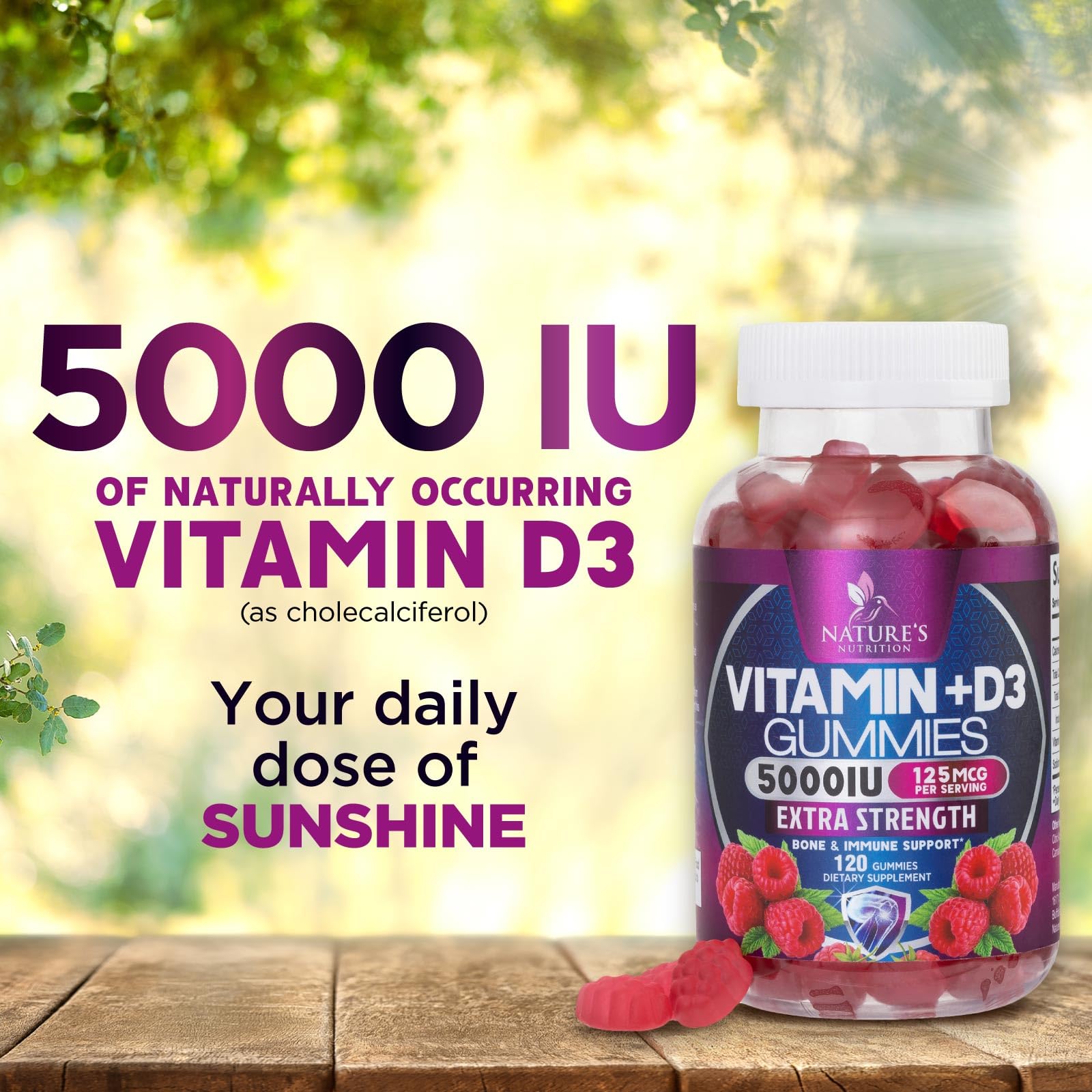 Nature's Nutrition Vitamin D3 gummy family-use scene indicates suitability for men and women.