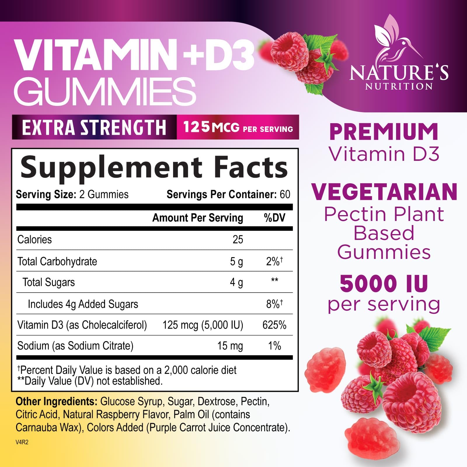 Nature's Nutrition Vitamin D3 gummy label closeup shows non-GMO and gluten-free quality.