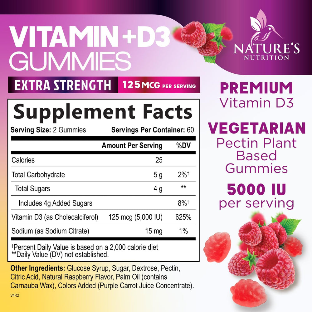 Nature's Nutrition Vitamin D3 gummy label closeup shows non-GMO and gluten-free quality.