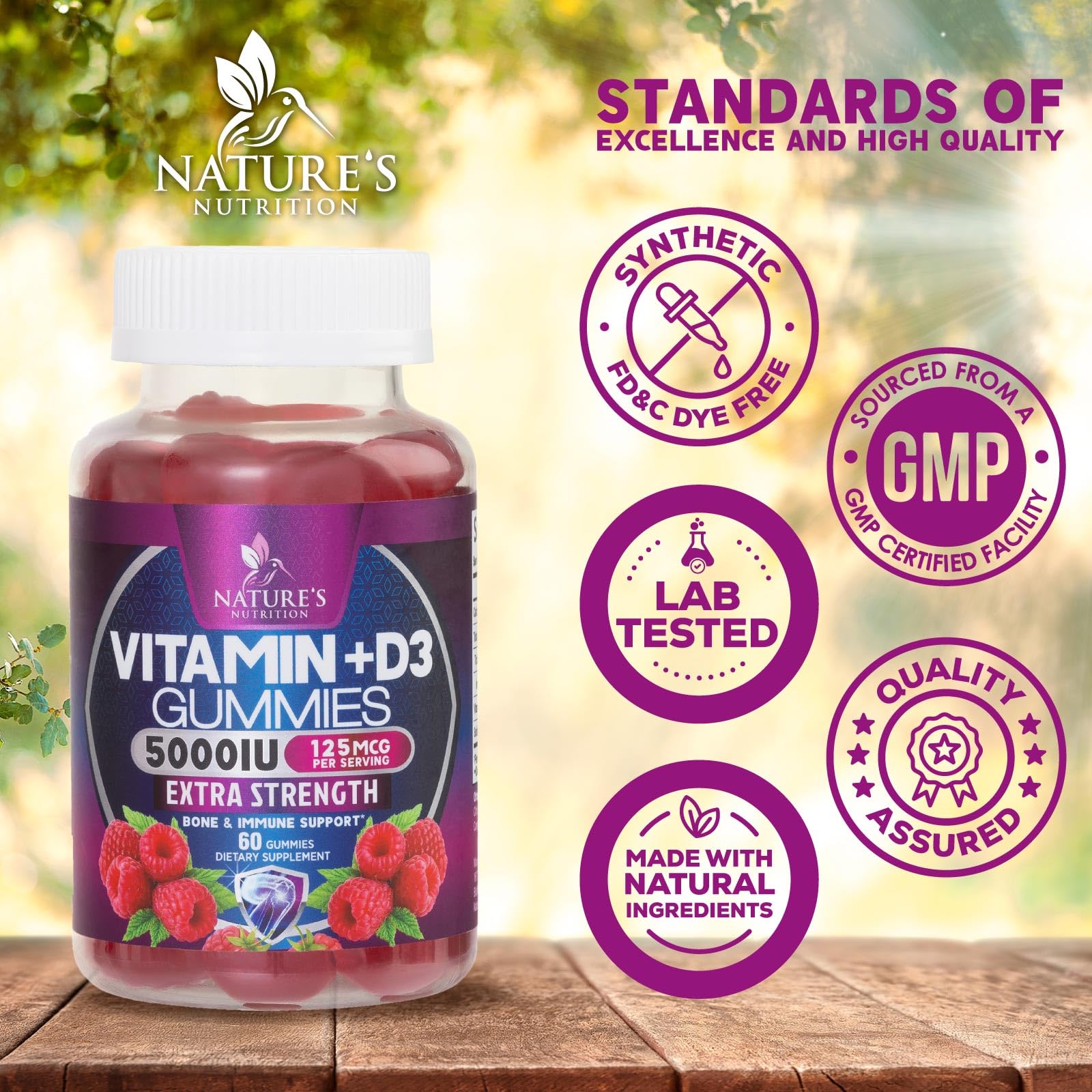 Nature's Nutrition Vitamin D3 gummy label close-up notes non-GMO and gluten-free status.