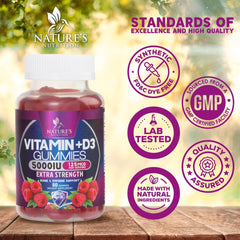 Nature's Nutrition Vitamin D3 gummy label close-up notes non-GMO and gluten-free status.