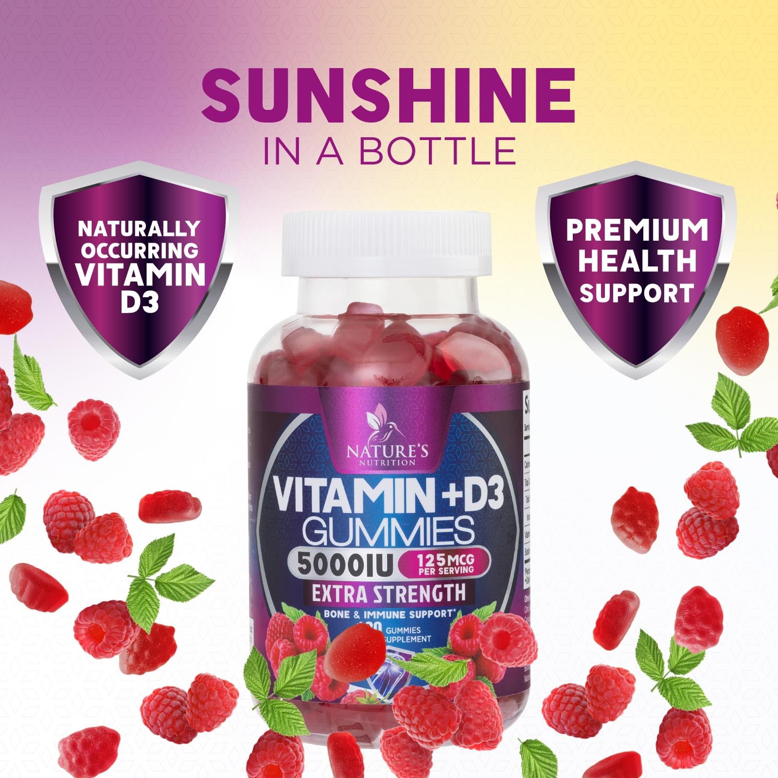 Nature's Nutrition Vitamin D3 gummy nutrition facts label communicates potency and dosing details.