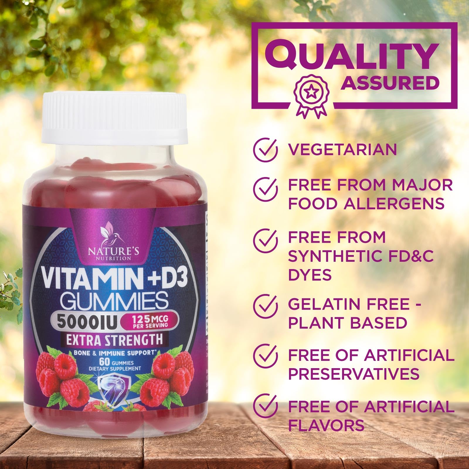 Nature's Nutrition Vitamin D3 gummy on counter with fruits suggests daily immune readiness.