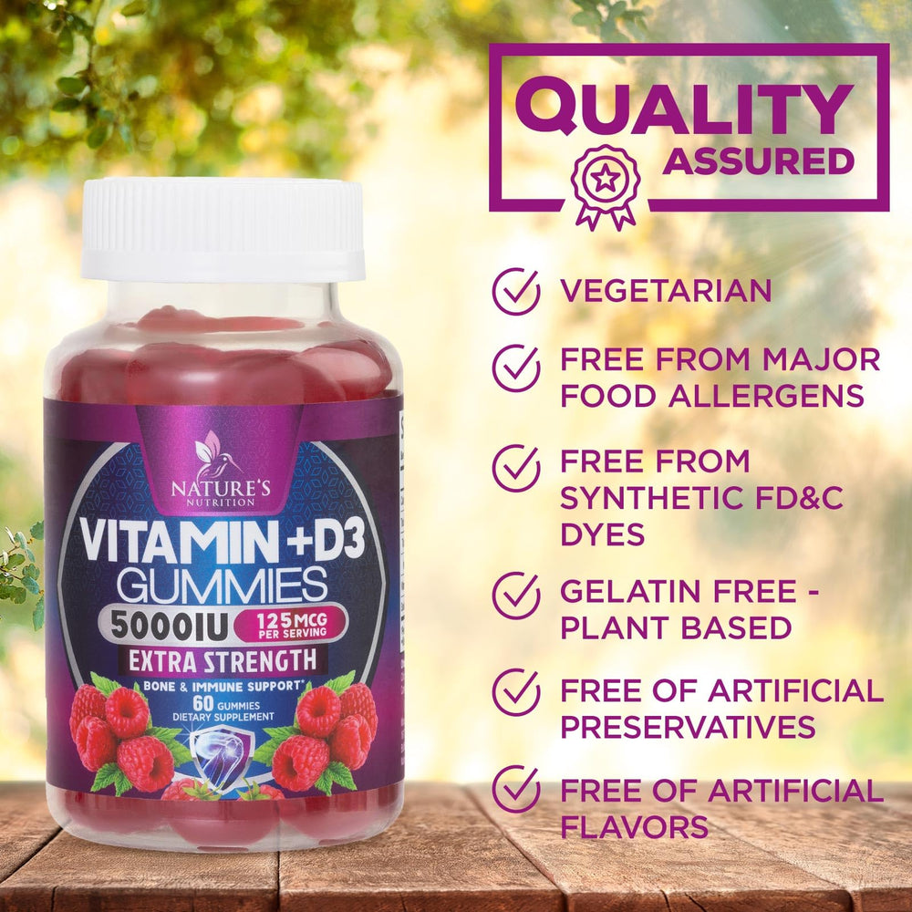 Nature's Nutrition Vitamin D3 gummy on counter with fruits suggests daily immune readiness.