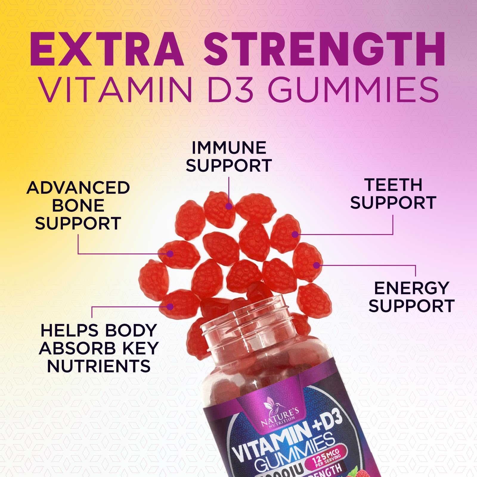 Nature's Nutrition Vitamin D3 gummy pour shot emphasizes convenient daily use for bones.