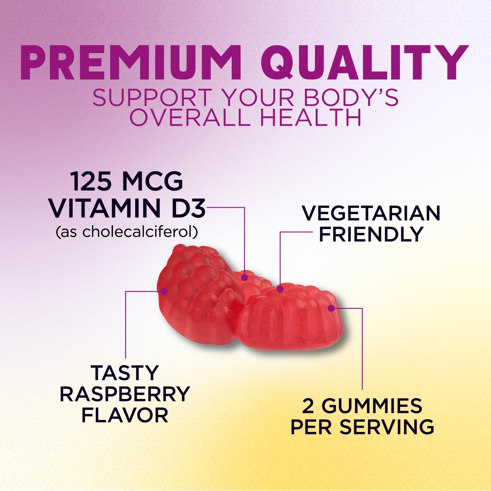 Nature's Nutrition Vitamin D3 gummy serving closeup demonstrates easy daily intake in a tasty format.