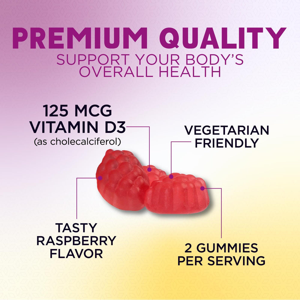 Nature's Nutrition Vitamin D3 gummy serving closeup demonstrates easy daily intake in a tasty format.