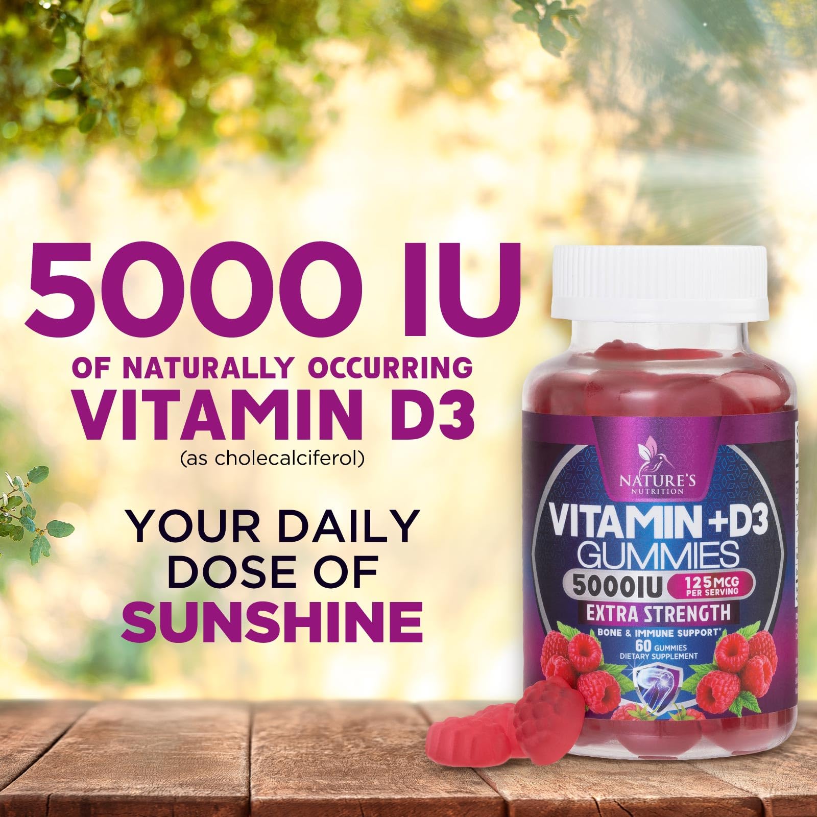 Nature's Nutrition Vitamin D3 gummy stack communicates easy daily intake for bone support.