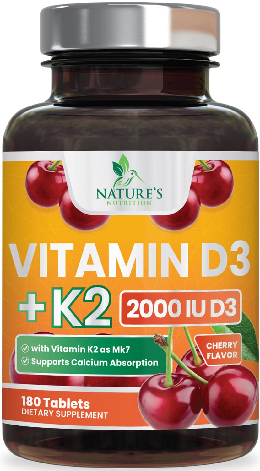 Nature's Nutrition Vitamin D3 K2 2000 IU bottle for daily supplementation.
