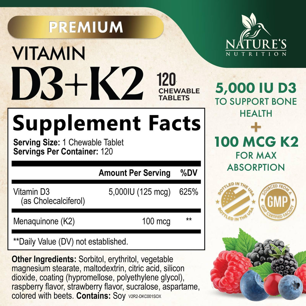 Nature's Nutrition D3 K2 5000 IU bottle close-up highlighting chewable format.