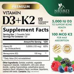Nature's Nutrition D3 K2 5000 IU bottle close-up highlighting chewable format.