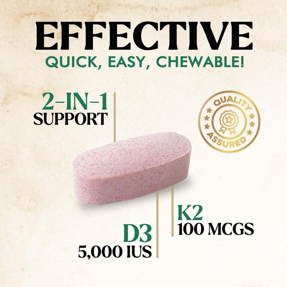 Nature's Nutrition vitamin D3 K2 berry flavor chewables arranged for daily use.