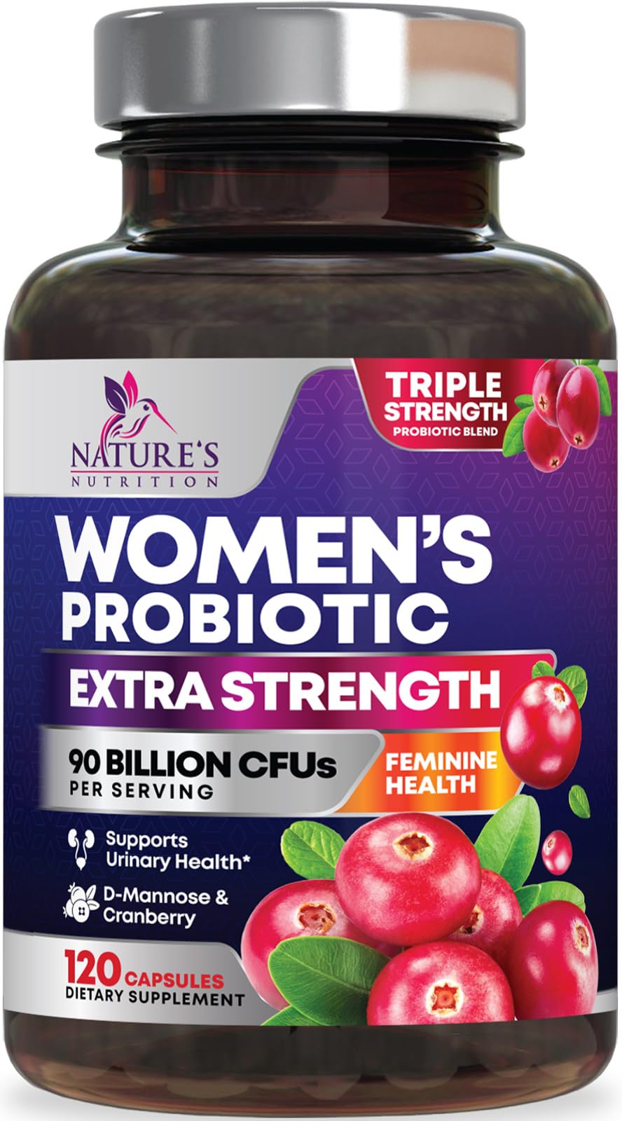 Nature's Nutrition Women's Probiotic bottle with 90B CFU for daily gut balance.