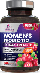 Nature's Nutrition Women's Probiotic bottle with 90B CFU for daily gut balance.