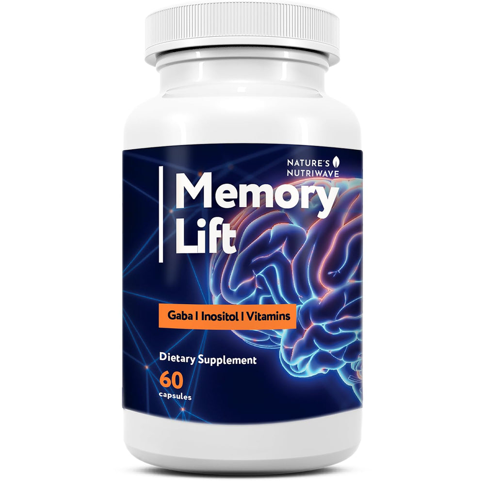 Nature’s NutriWave Memory Lift bottle close-up promoting daily wellness packaging.