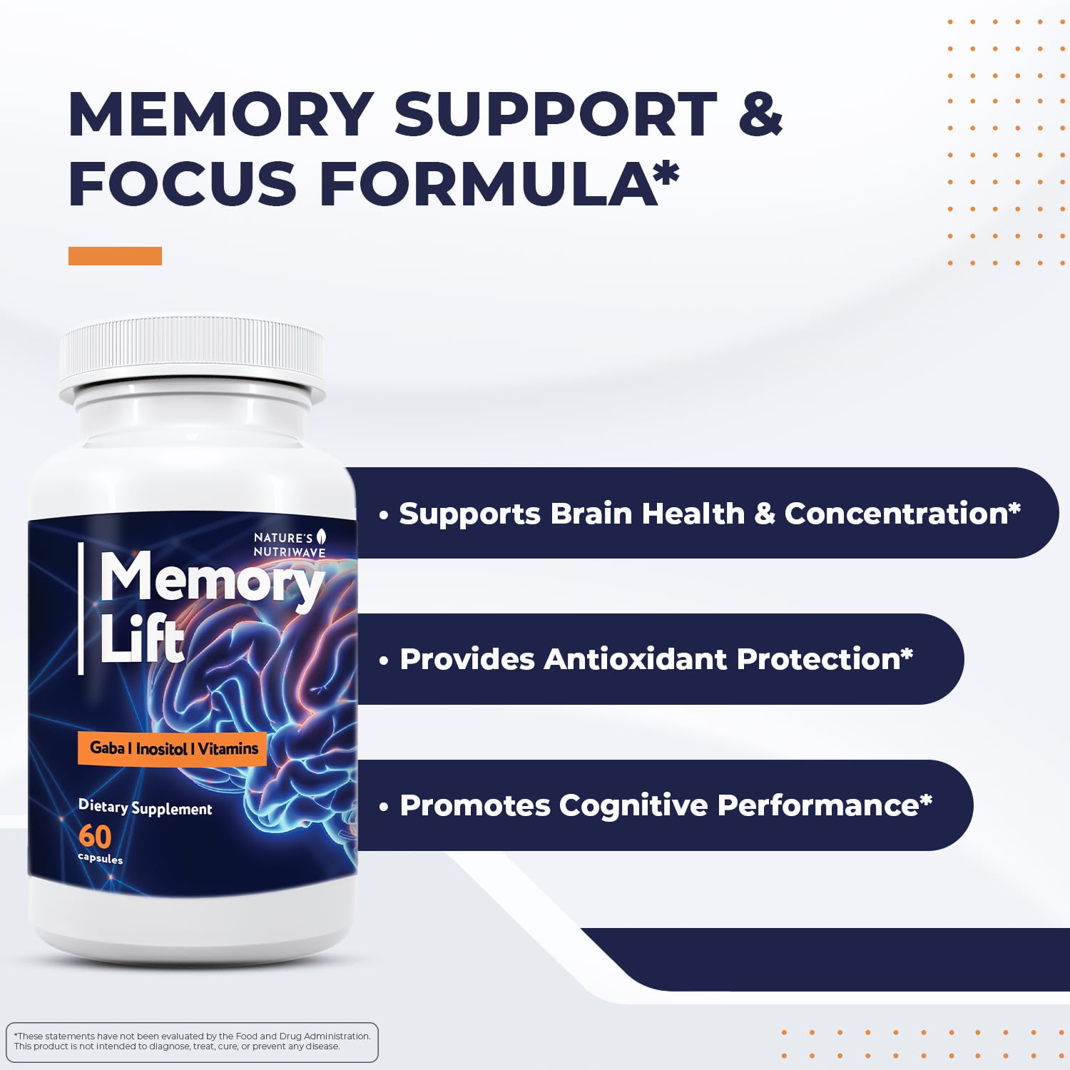 Nature’s NutriWave Memory Lift capsules pouring for easy daily intake.