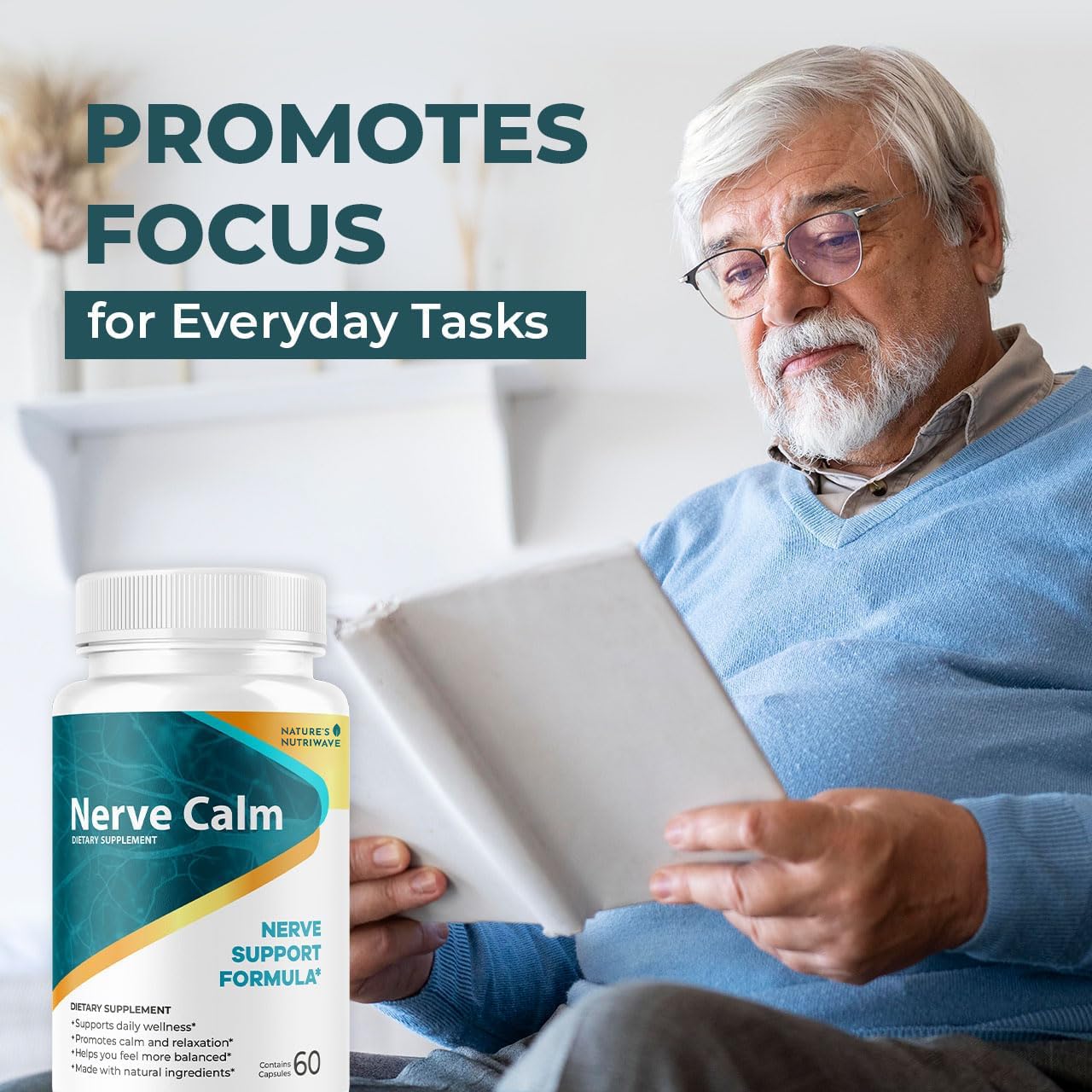 Nature’s NutriWave NerveCalm daily-use imagery showing two-capsule routine