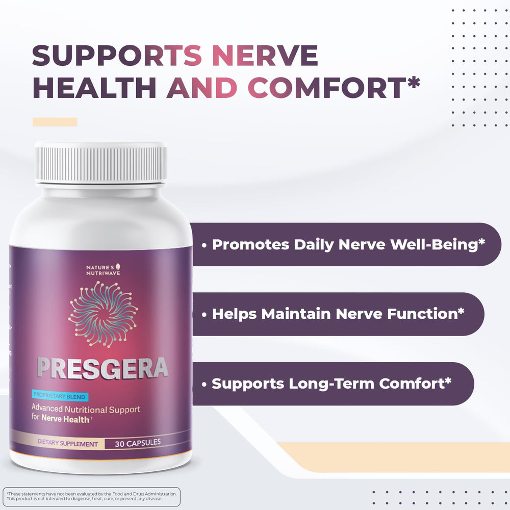 Presgera capsules pack highlights a non-GMO formula for clean daily health.