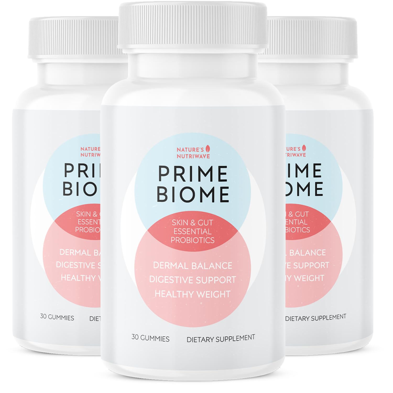 Nature’s NutriWave PrimeBiome bottle front with gummies for daily plant-based support.