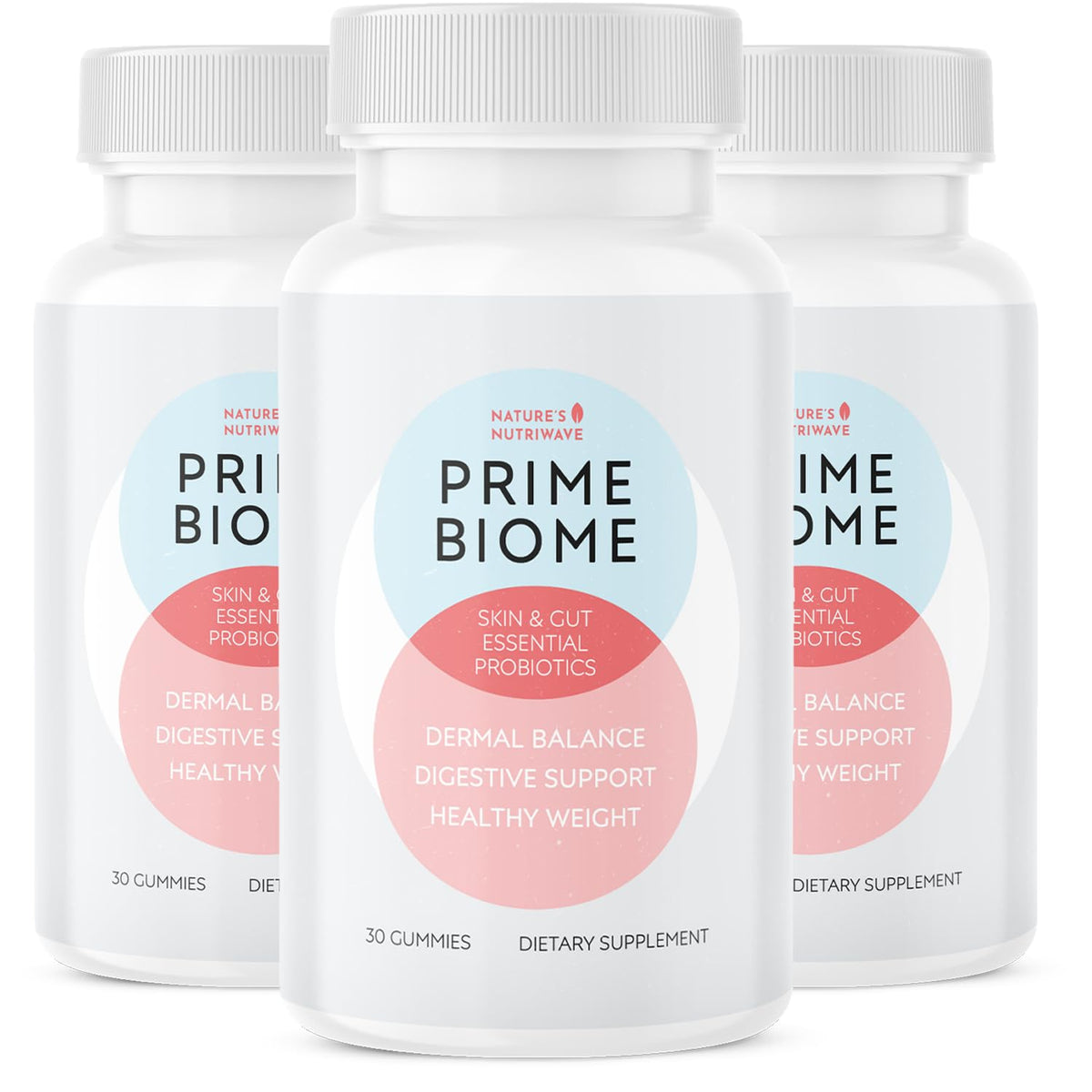 Nature’s NutriWave PrimeBiome bottle front with gummies for daily plant-based support.