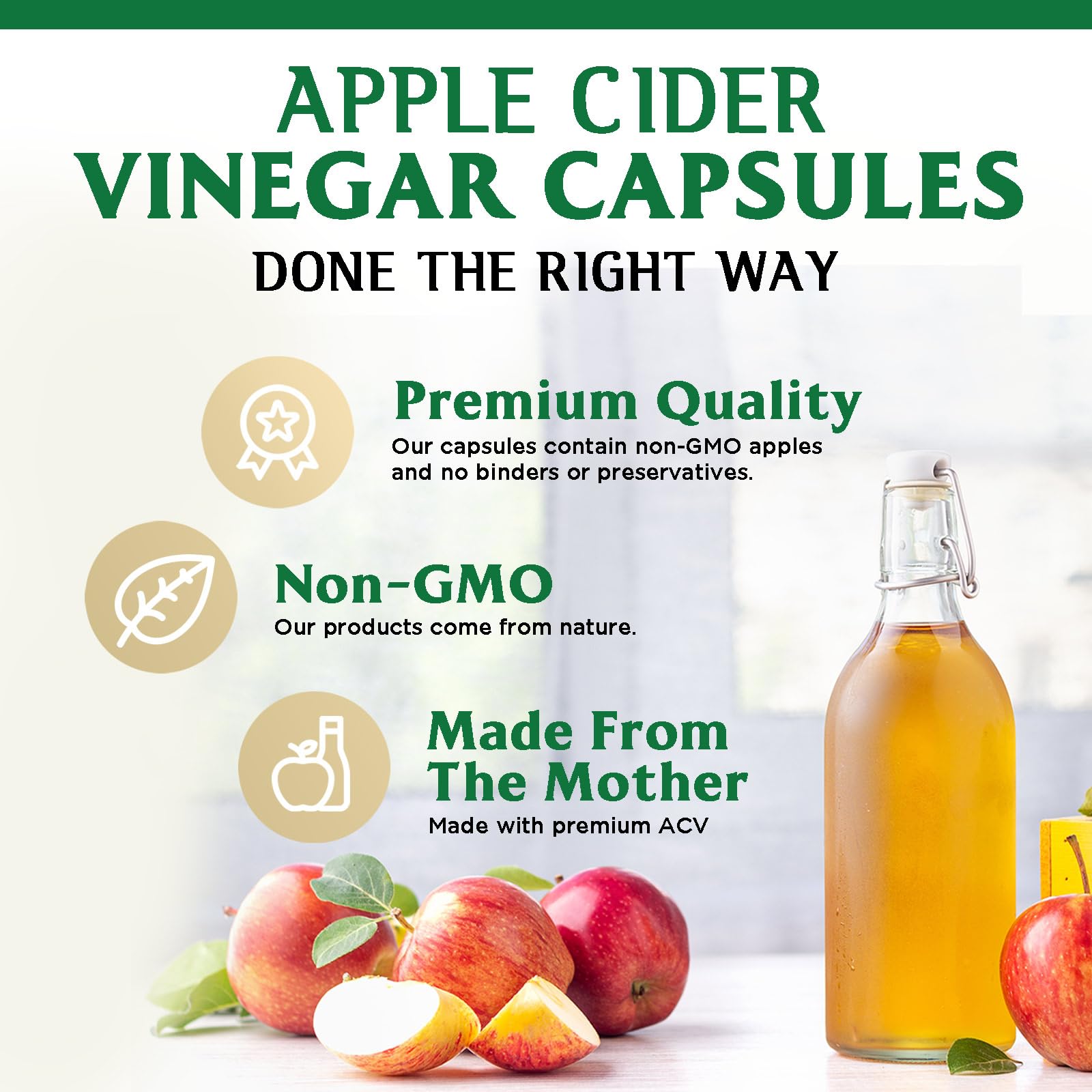 Nature’s Peak ACV capsules next to digestive support items