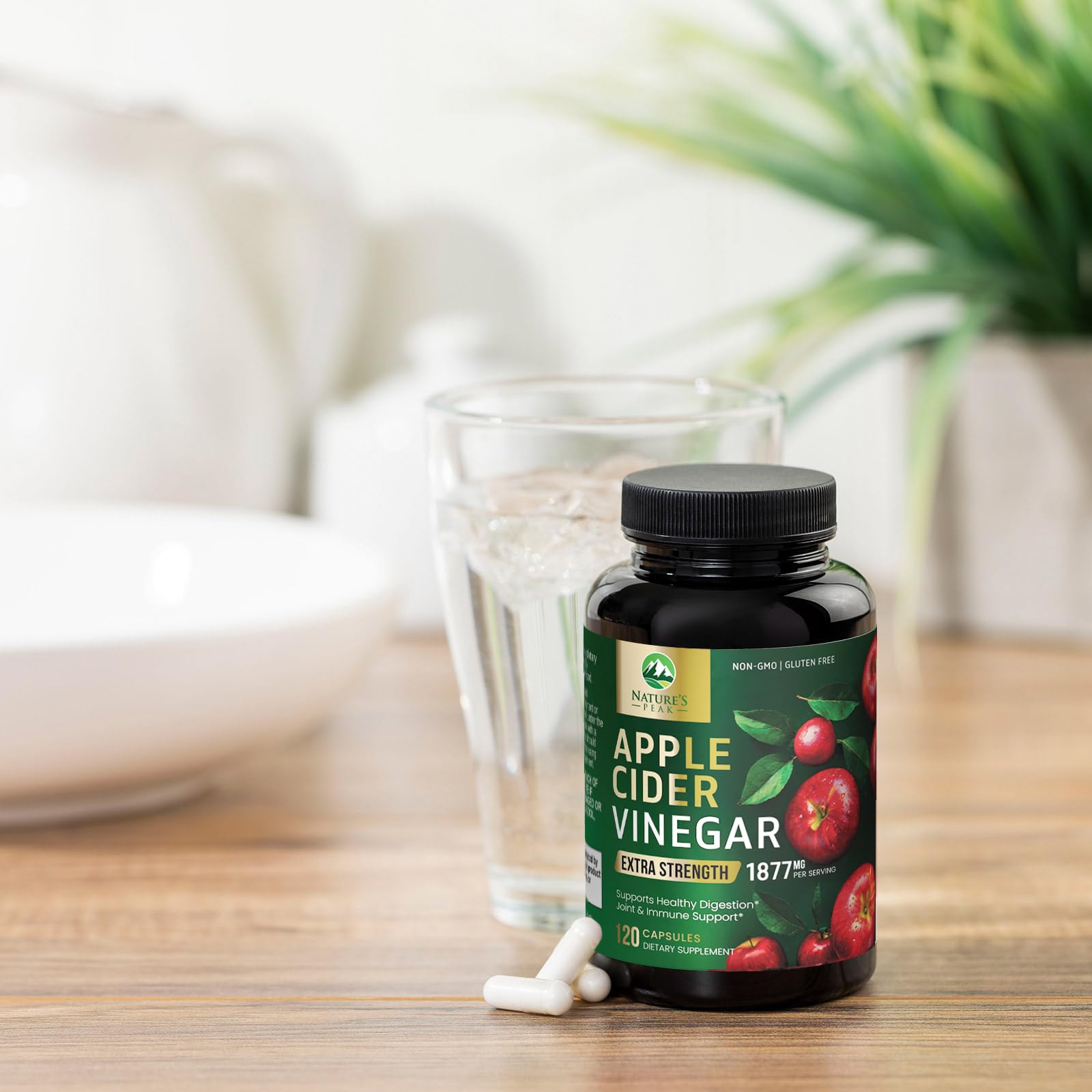 Nature’s Peak ACV capsules box on kitchen counter