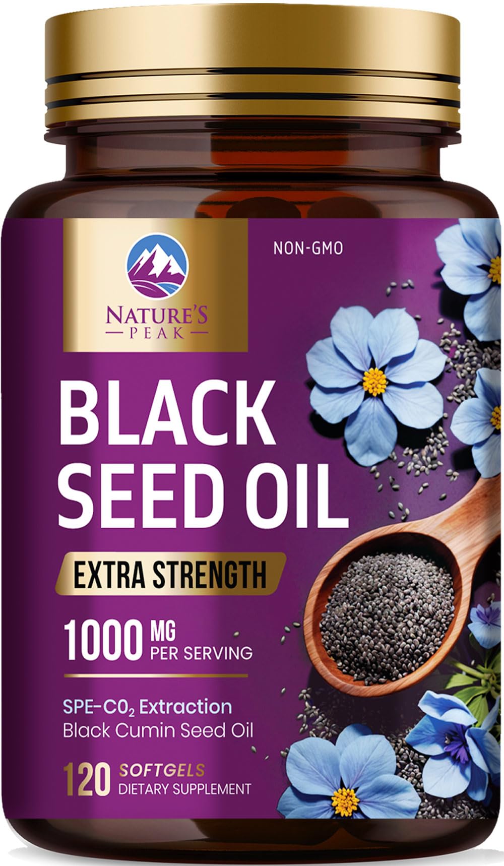 Nature's Peak Black Seed Oil 1000mg bottle for immune support and skin wellness.