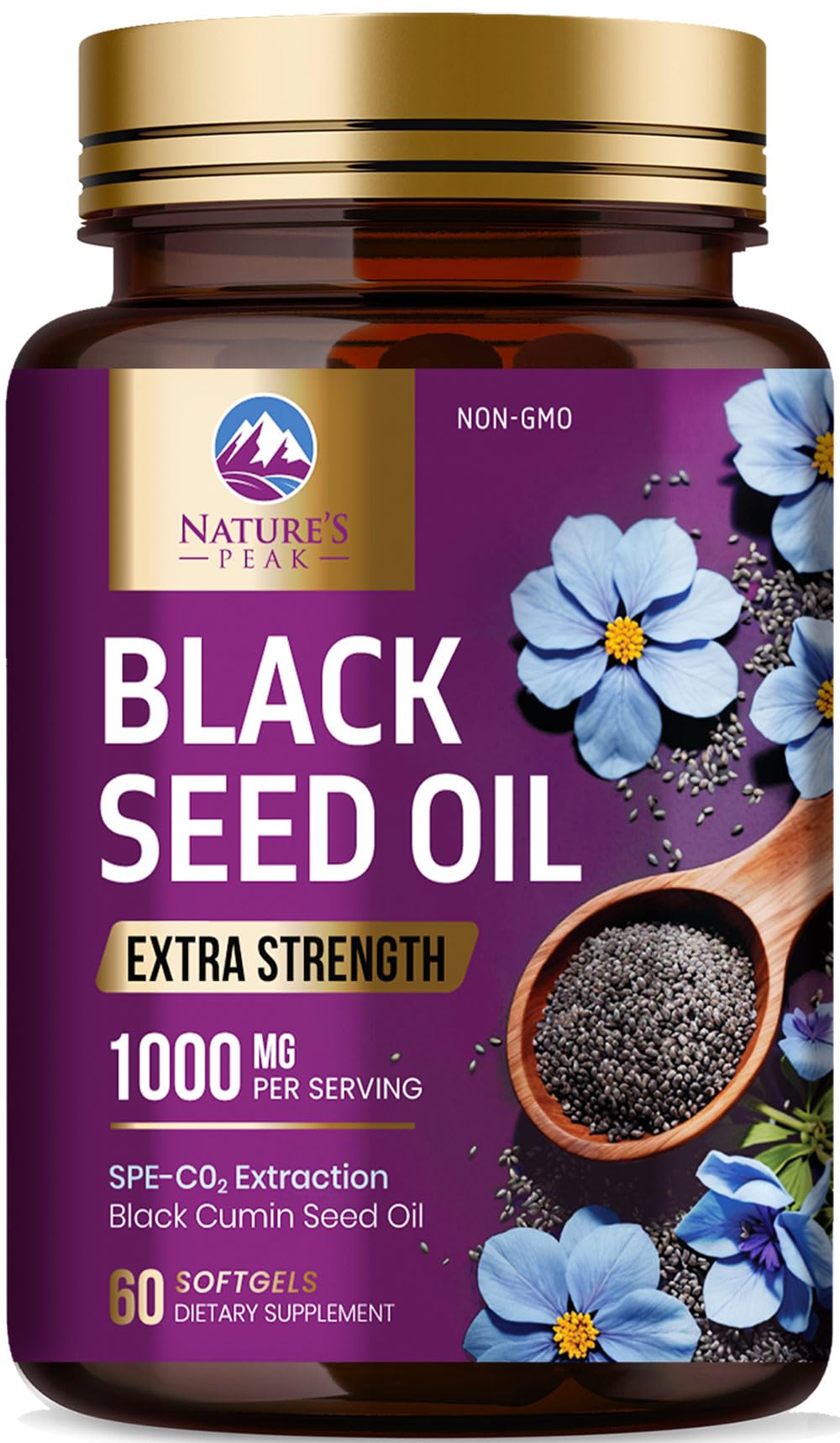 Nature's Peak Black Seed Oil 1000mg bottle pour supports daily wellness and skin support