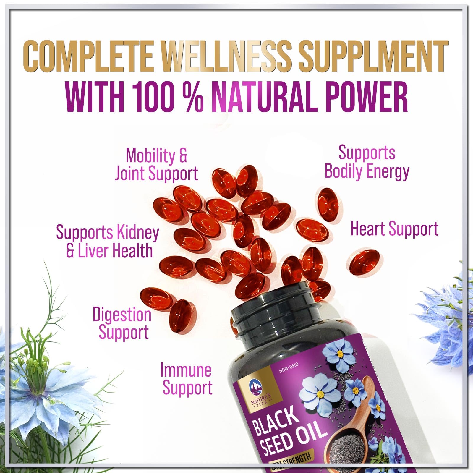 Nature's Peak bottle shown for digestive comfort during meals.