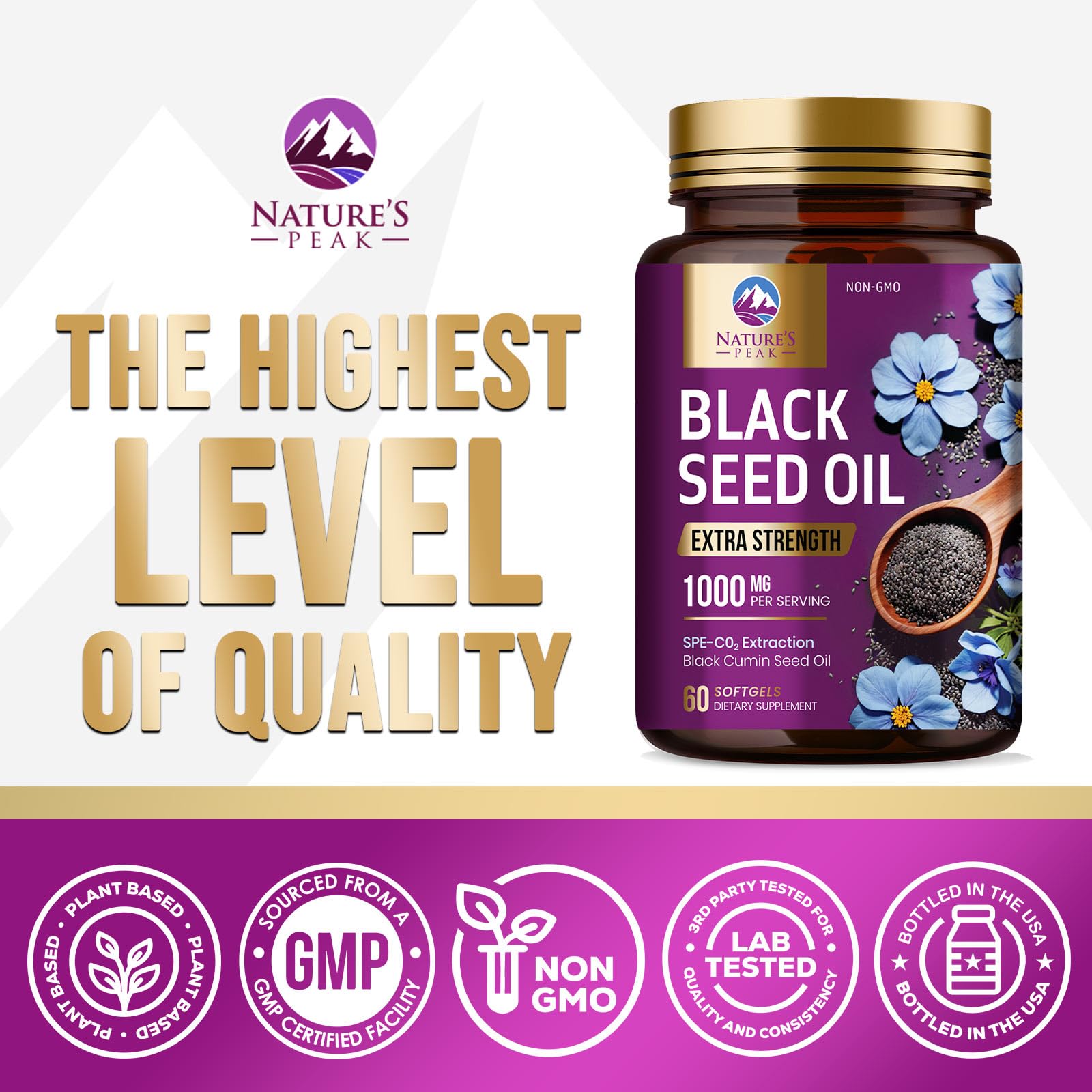 Nature's Peak Black Seed Oil label showcases non-GMO and gluten-free features