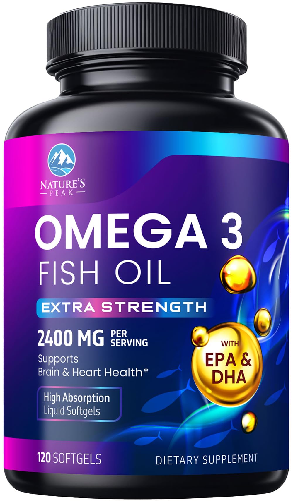 Nature's Peak Omega-3, botella de cápsulas, 2400 mg para apoyo diario.