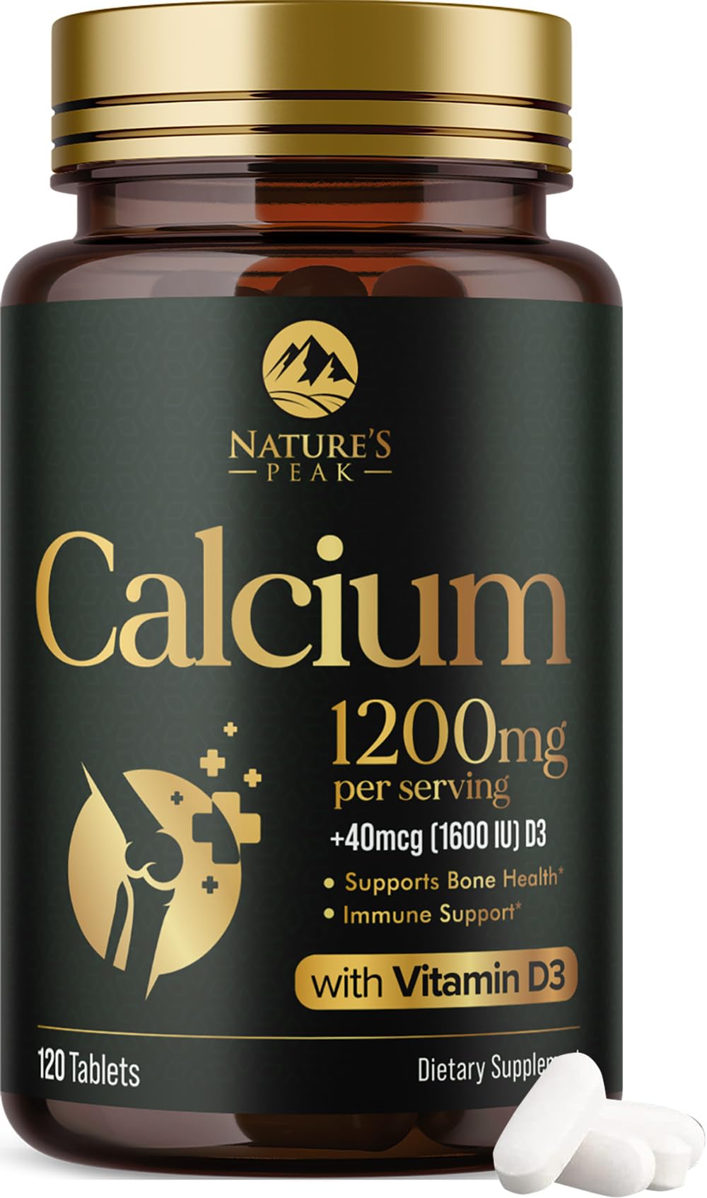 Nature's Peak calcium 1200 mg D3 bottle on table for bone health support