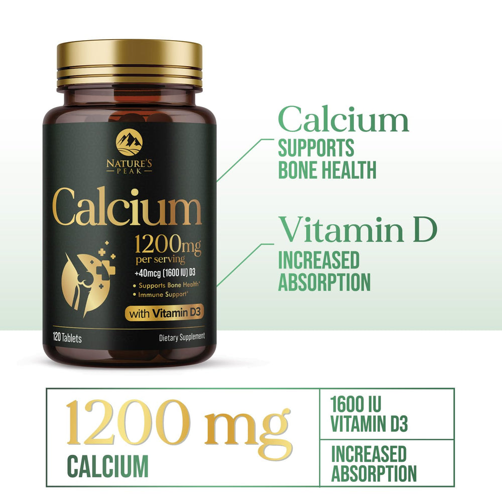Nature's Peak calcium 1200 mg D3 label close-up highlighting content