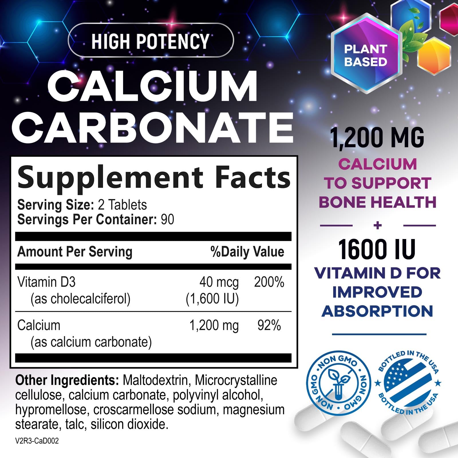 Nature's Peak calcium 1200mg tablets closeup highlighting high potency D3 for absorption