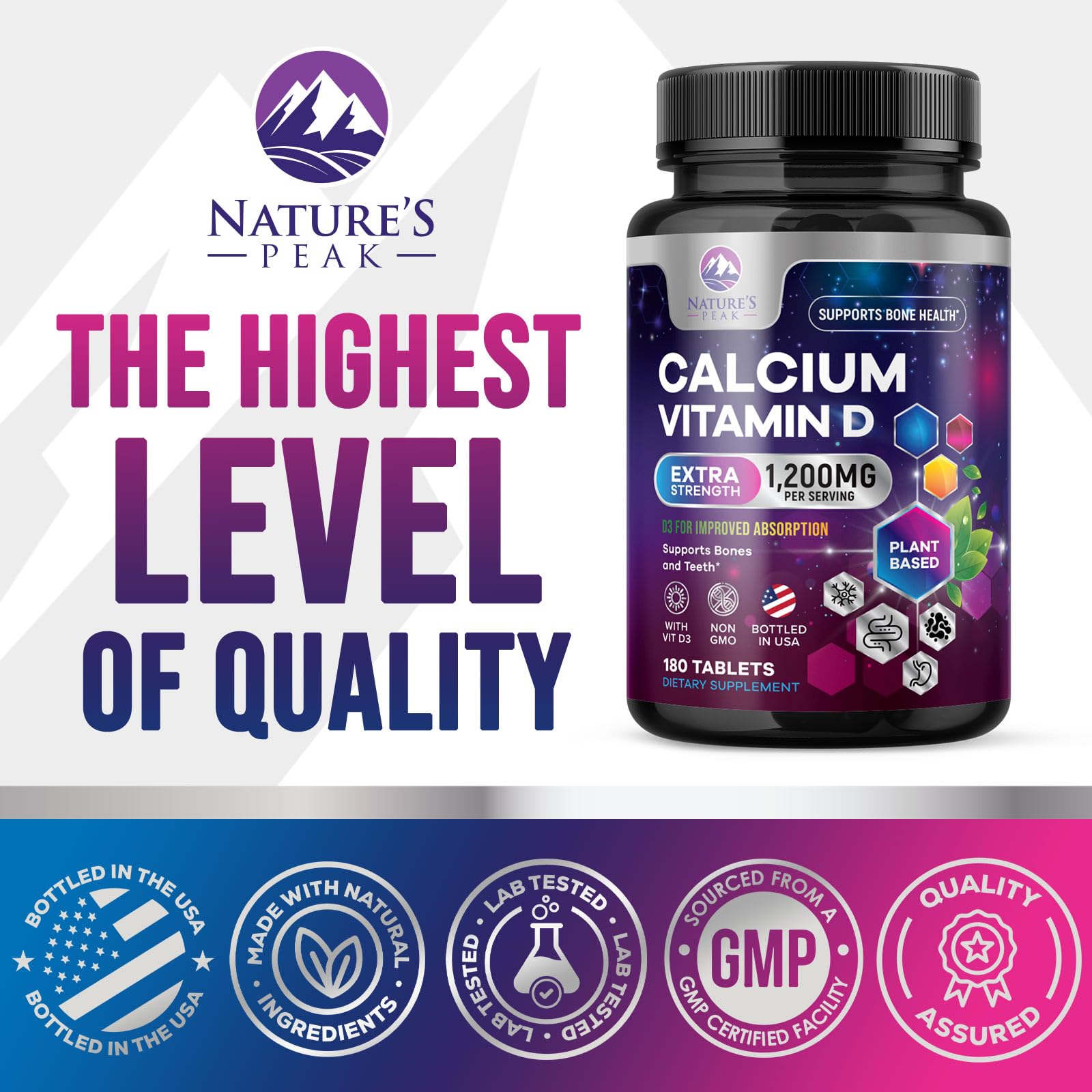Nature's Peak calcium D3 label detail communicates quality and nutrition
