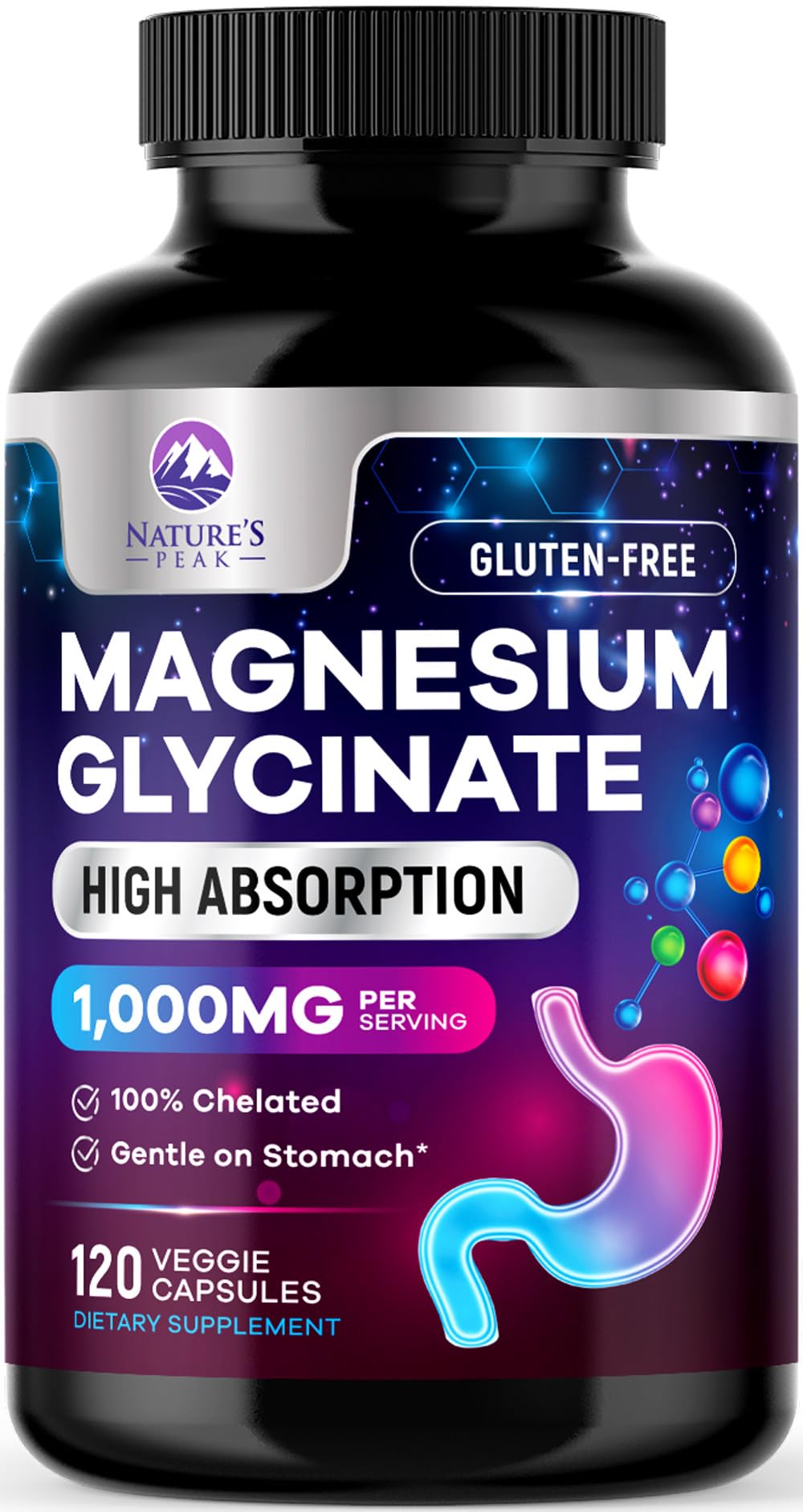 Nature's Peak magnesio glicinato 1000 mg frasco visto de frente para bienestar diario.