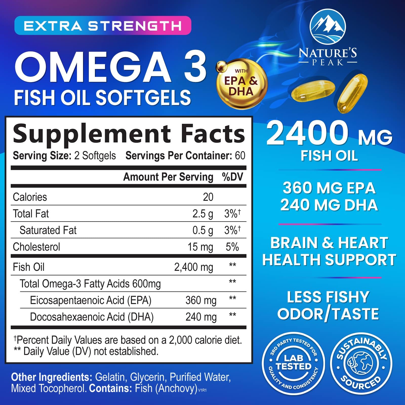 Nature's Peak Omega-3, cápsulas doradas con absorción óptima para bienestar diario.