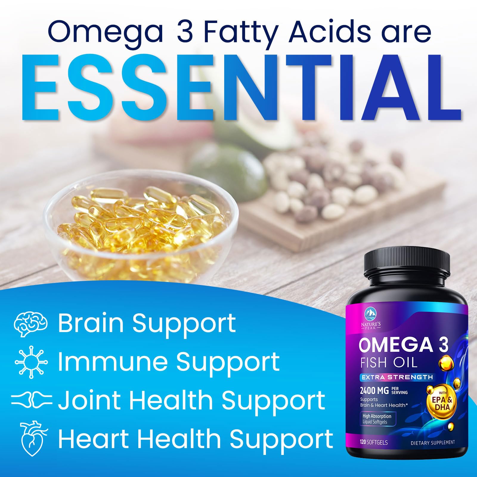 Nature's Peak Omega-3: cápsulas sin regusto para consumo diario.