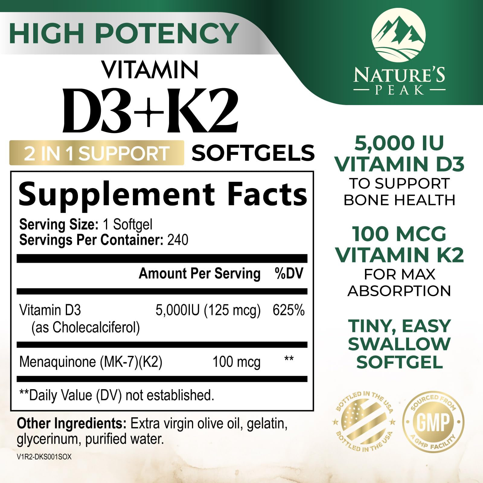 Nature's Peak D3 K2 bottle front, showcasing the easy-to-swallow softgel formula.