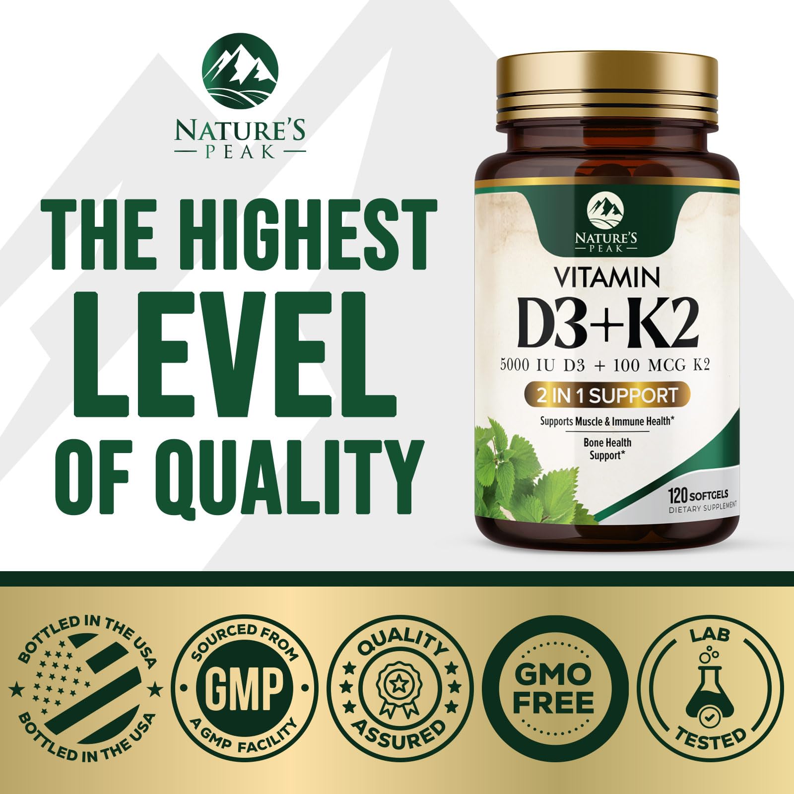 Nature's Peak D3 K2 label, emphasizing non-GMO and USA-bottled quality.