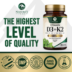 Nature's Peak D3 K2 label, emphasizing non-GMO and USA-bottled quality.