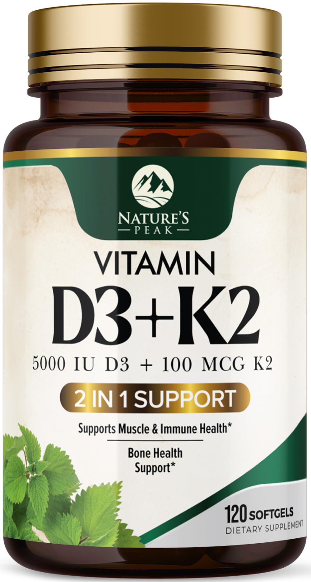 Nature's Peak D3 K2 softgel bottle, high-potency vitamin D3 and MK-7 for daily wellness.