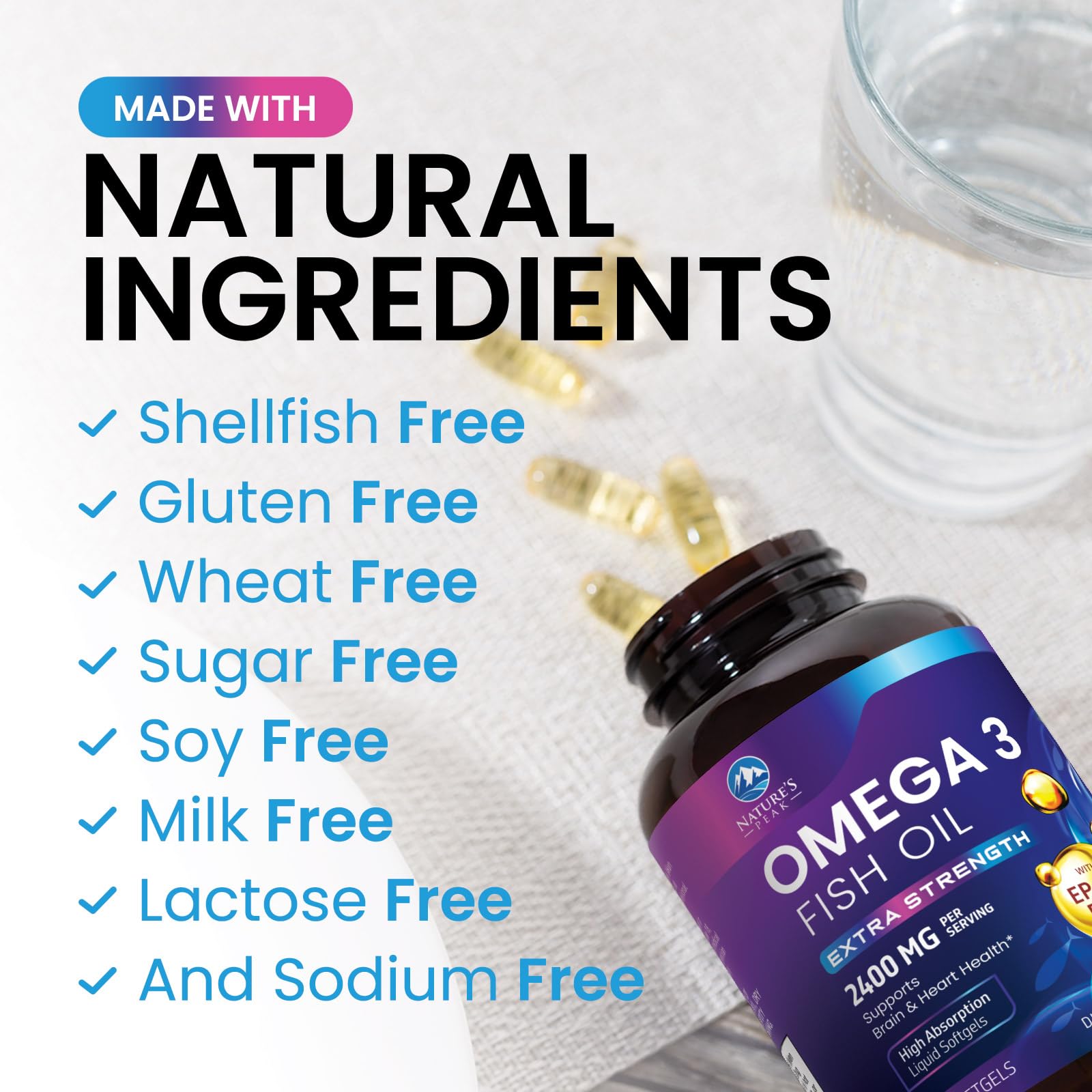 Nature's Peak Omega-3: envase reciclable y sostenible para consumo responsable.