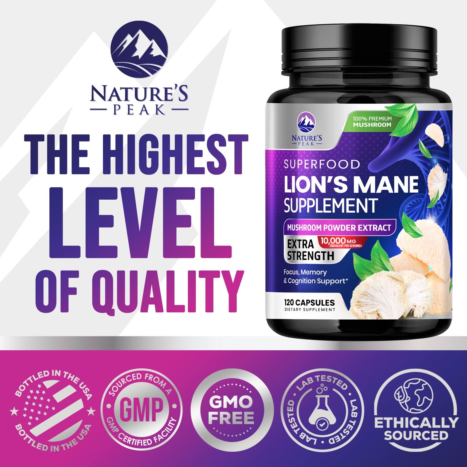 10,000mg potency label on Nature's Peak Lions Mane bottle