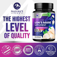 10,000mg potency label on Nature's Peak Lions Mane bottle